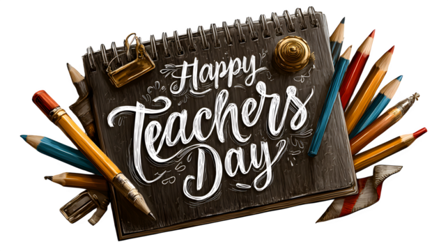Isolated centered graphic of a notebook surrounded by pencils, rulers, and medals with elegant script 'Happy Teachers' Day' on the cover isolated on white - Powered by Adobe