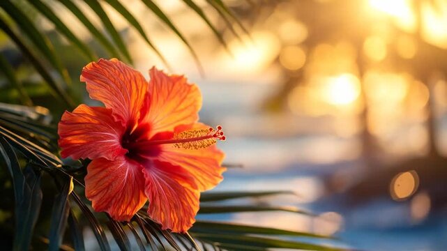 Orange hibiscus flower in sunlight with green leaves and blurred background showing floral details