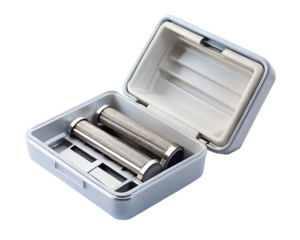 Open case with replacement shaver heads, isolated on transparent background