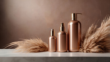 Fototapeta premium A stylish set of rose gold cosmetic bottles, including a pump and spray dispenser, arranged with feathery pampas grass. Luxury metallic texture ideal for beauty, hair care, and wellness product brand