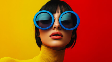 Woman wearing oversized blue sunglasses poses against a vibrant yellow and red background during a fashion shoot