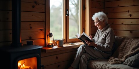 Cozy South Asian Elderly Woman Reading in Rustic Off-Grid Cabin Window Nook