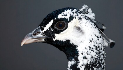 Close up of a striking black and white bird head with detailed plumage and dark eyes against a neutral background.