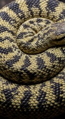 Obraz premium Close-up view of a snake's intricate, patterned scales, coiled tightly in a detailed macro image.