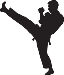 Black silhouette of a man performing a high kick in martial arts karate black and white