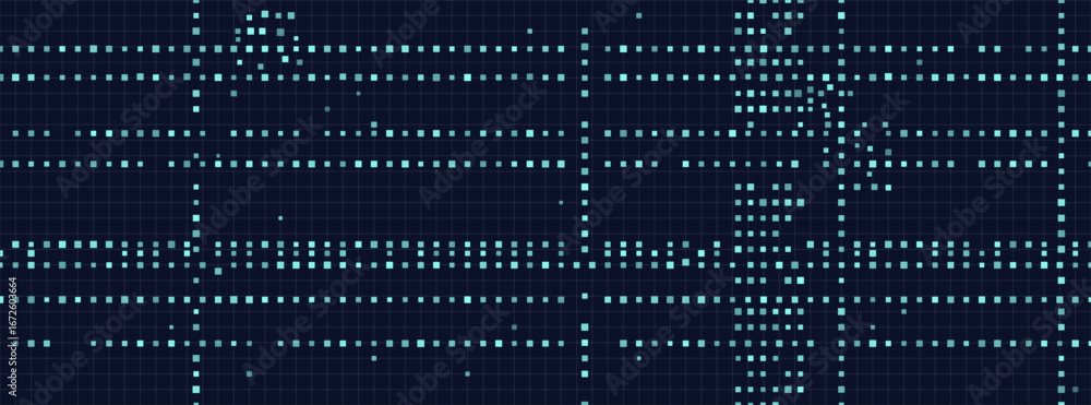 Poster abstract digital vector tech grid with blue dots on dark background.