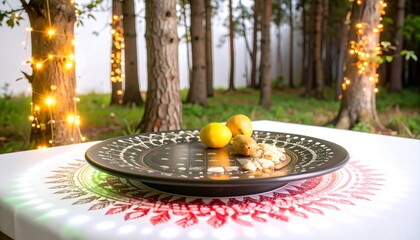 A dark, rotating platter with fruit sits on a patterned tablecloth in a forest scene