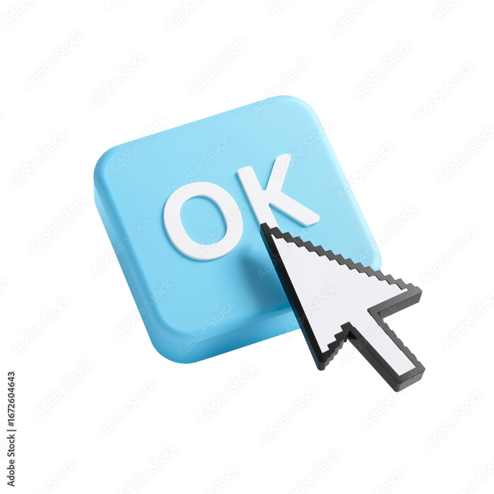 Fototapete 3d render of a light blue cubed 'ok' button being clicked by a cursor pointer
