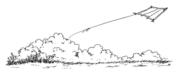 kite flying over bushes in simple nature scene
