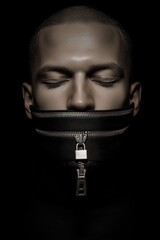 Surreal close-up portrait of a man with his mouth visually replaced by a closed zipper or padlock, symbolizing silence, censorship, and lack of freedom of speech. Dark, muted tones and conceptual art 