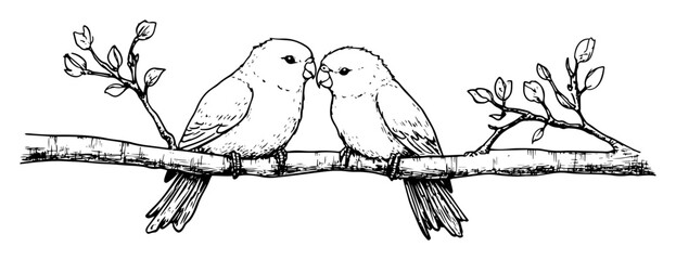 two birds sitting on branch romantic black and white illustration
