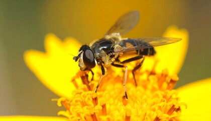 Detailed closeup showcasing hoverfly elegantly perched on vibrant yellow flower bloom