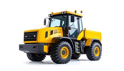 Naklejka premium A vivid, detailed image of a bright yellow agricultural tractor, showcasing its robust design and powerful presence against a plain white backdrop.