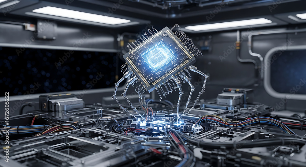 Aufkleber futuristic technology scene with a microchip being worked on by robotic arms in a sterile environmen