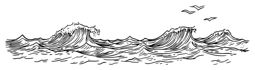 crashing ocean waves with birds flying above dynamic sea drawing