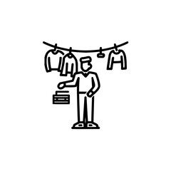 Vintage clothing sale event with man selling clothes at a flea market and bargain shopping day out