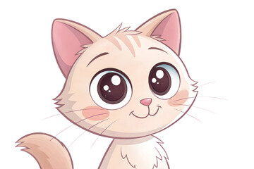 Cute pastel illustration of a smiling cat with big eyes, transparent background