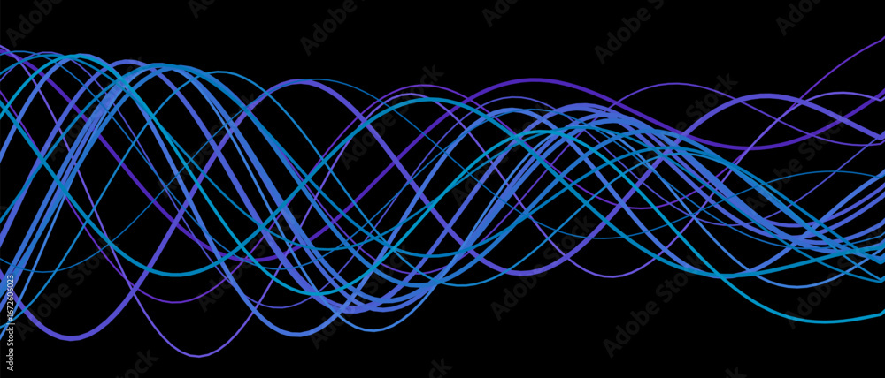 Poster dynamic vector tech background with wavy blue and purple lines on black.