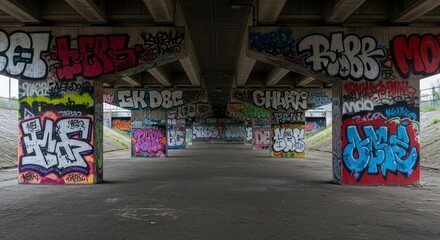Obraz premium Vibrant graffiti art adorns concrete pillars beneath a highway overpass, creating a colorful and urban scene.