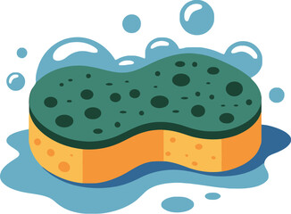 Soapy Sponge Cleaning Bubbles, Green Cleaning Sponge Illustration, Household Cleaning Sponge, Sponge with Suds Cartoon, Wet Sponge Icon Graphic