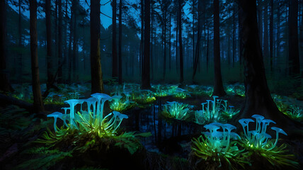 Enchanted forest at night with glowing bioluminescent mushrooms lighting up the mystical swampy woodland