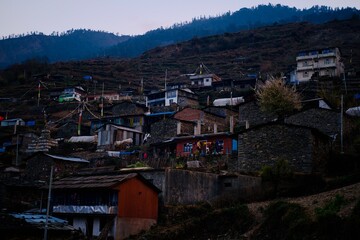 Village on the mountain valley in Nepal with old architecture