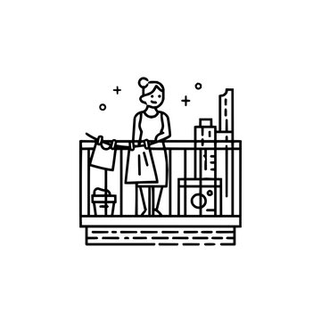 recommend clip art: Woman doing laundry on balcony with city view line art vector design and modern lifestyle illustration