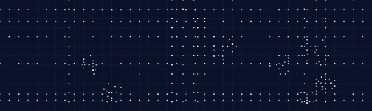 Abstract digital matrix with geometric dot patterns on dark grid background.