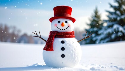 Obraz premium A cheerful snowman stands in a snowy winter landscape, adorned with a red scarf and hat.