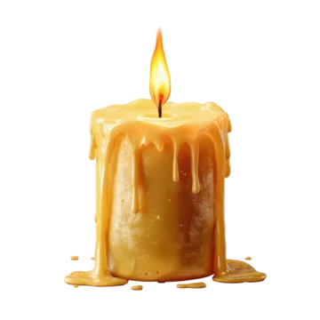 Burning candle with melting wax dripping down the side on transparent background