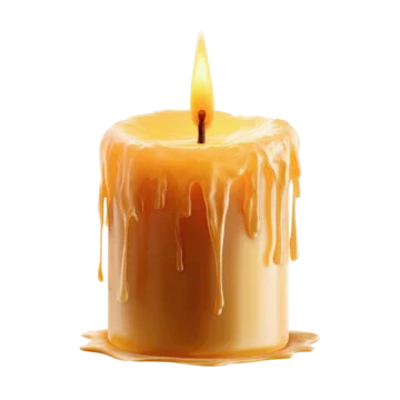 Tall candle with melted wax layers and glowing fire on transparent background