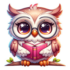 Fototapeta premium Wise Owl Reading Book: A cute, cartoonish owl, adorned with glasses, sits perched, engrossed in a book on a branch