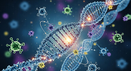 Dna structure with virus cells illustration for medical research and genetic engineering concept design