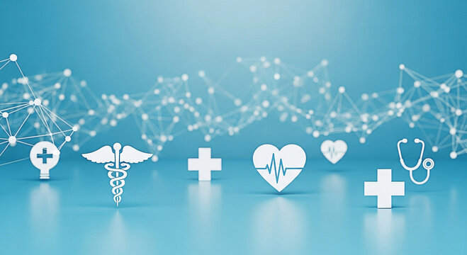 Medical healthcare concept with icons and network connection on blue background for digital health solution