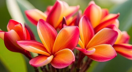 Fototapeta premium Vibrant Plumeria Flowers in Close-Up Macro Shot with Soft Green Background.