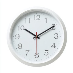 Close-up of a modern white clock face with time at 10:10, with elegant, minimalist design. The clock face has numbers in grey, and the hands are black and red, signifying the passage of time