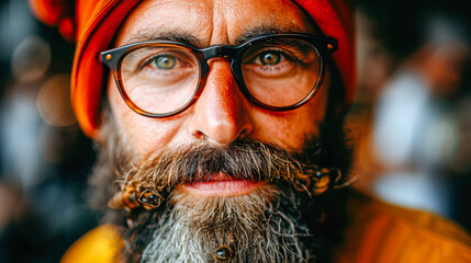 Bearded man with glasses and orange turban showcasing unique style and personality in vibrant setting