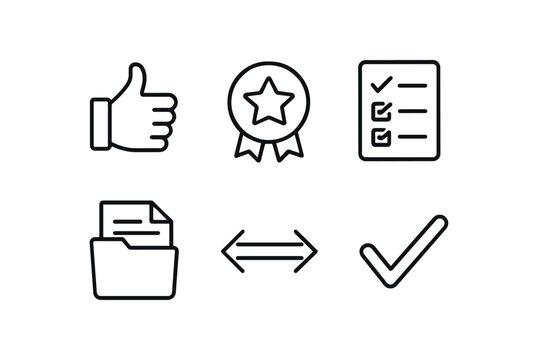 simple outline stroke icon isolated on white background: recommendation badge check list folder sheet arrow line approval mark