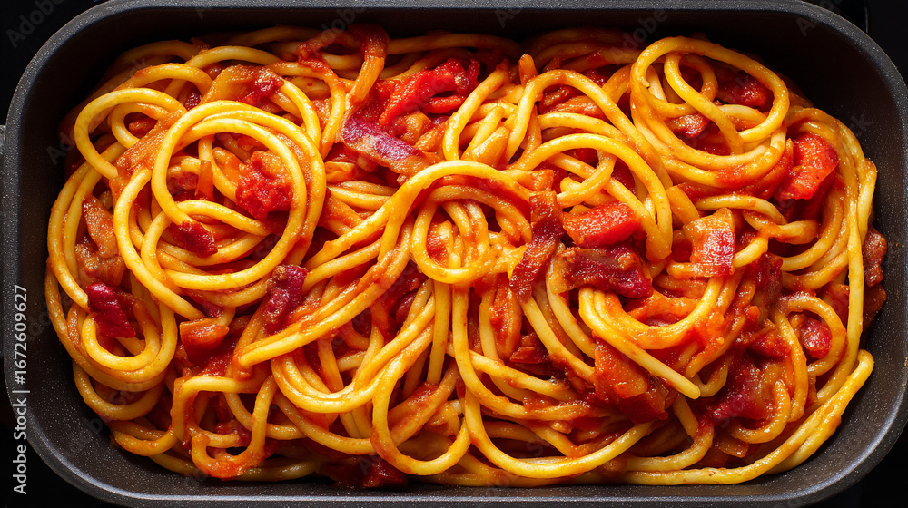 Poster A top view of spaghetti with tomato sauce and bacon served in a black rectangular dish from above