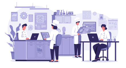 Culinary professionals collaborate in a modern kitchen setting, utilizing technology for food development and management.