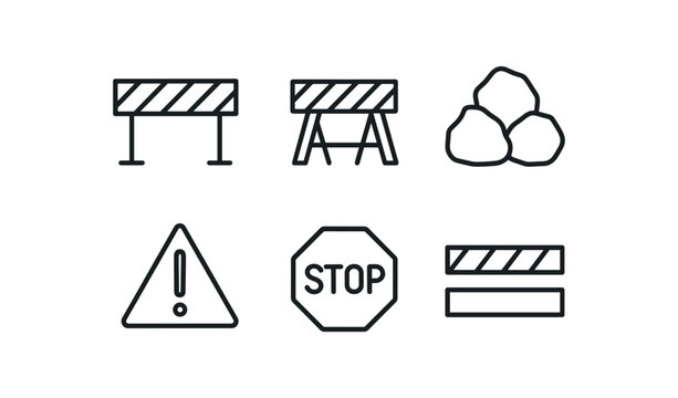 simple outline stroke icon isolated on white background: obstacle road rock pile caution sign stop mark barrier lines