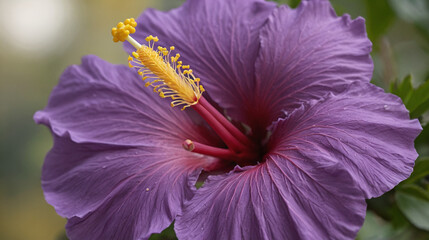 Close-Up of Purple Hibiscus Flower with Yellow Stamen and Blurred Background