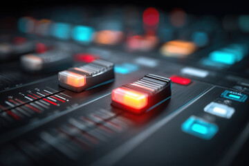 Obraz premium High-tech sound mixing console with illuminated controls and sliders in a modern studio setting