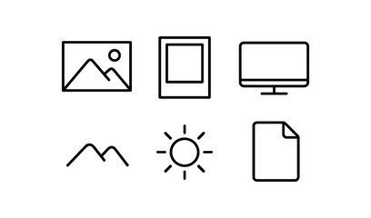 simple outline stroke icon isolated on white background: image photo frame screen icon mountain line sun circle file mark