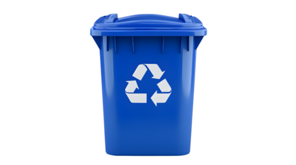 Blue recycling bin with white symbol isolated on a transparent background