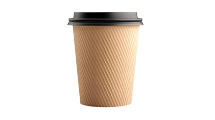 Brown rippled coffee cup with black lid isolated on a transparent background