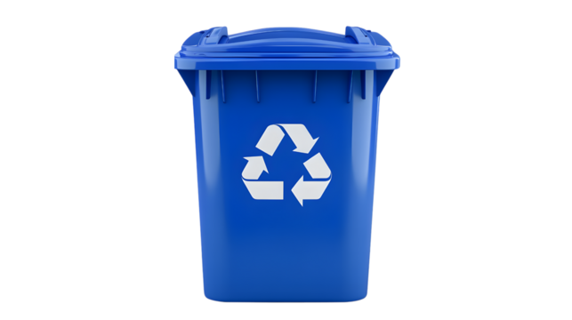 Blue recycling bin with white symbol isolated on a transparent background