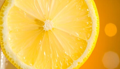 Close up of a vibrant yellow lemon slice with water droplets on an orange blurred background.