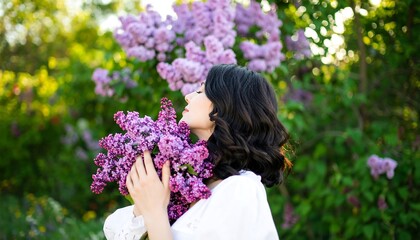 Fototapeta premium A woman gazes serenely at a bountiful display of lilac blossoms, bathed in natural light, showcasing the delicate beauty of spring.