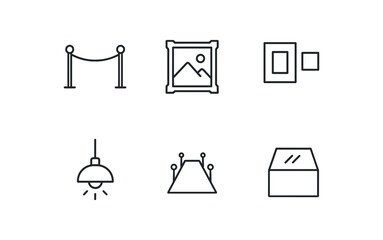 simple outline stroke icon isolated on white background: exhibition art frame gallery lamp glow floor path display case